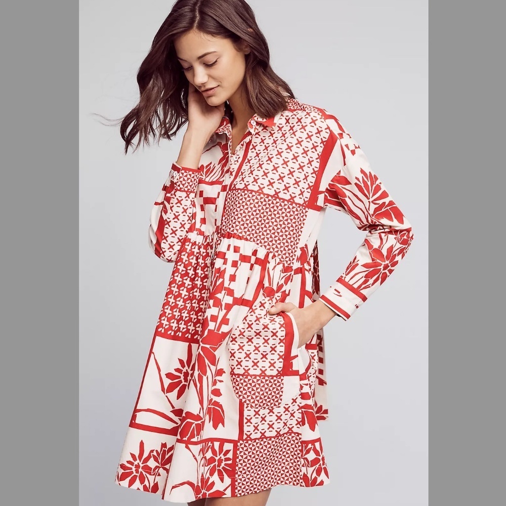 Maeve Anthropologie Red Patchwork Empire 100% cotton Waist Shirt Dress S small